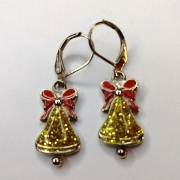 Bling Rescue Jewelry - Red Gold Glitter Bell Earrings Dangle Drop Hook Silver Vintage Enamel